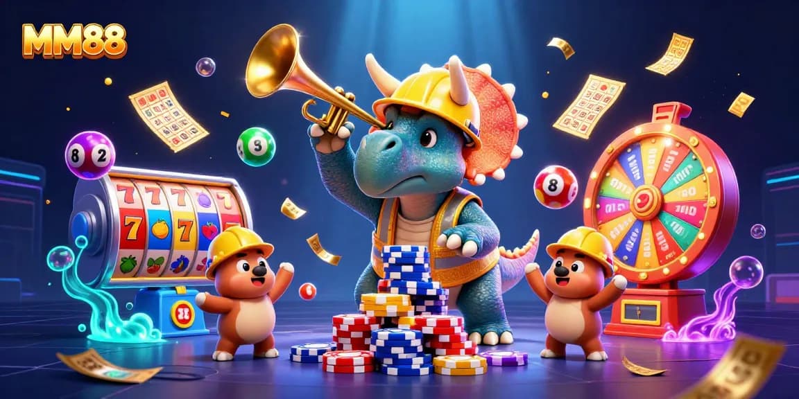 MM88 showcases a vibrant 3D casino scene with unique characters celebrating wins amidst colorful game elements.