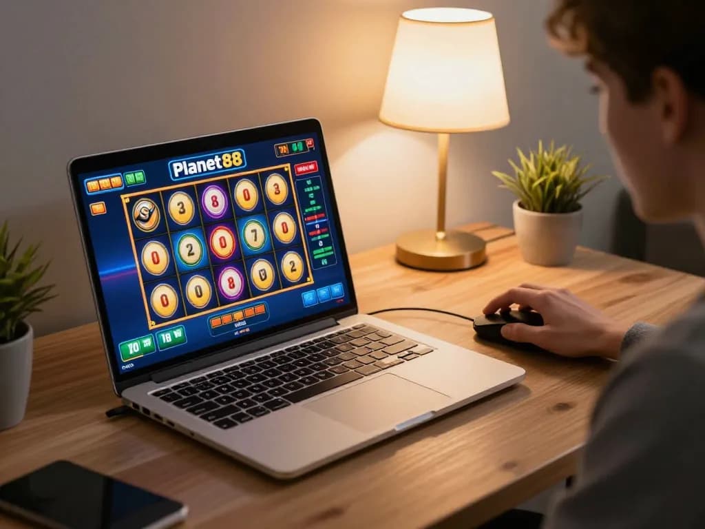 Engaging slot gameplay at Planet88 on a cozy home setup with vibrant graphics.