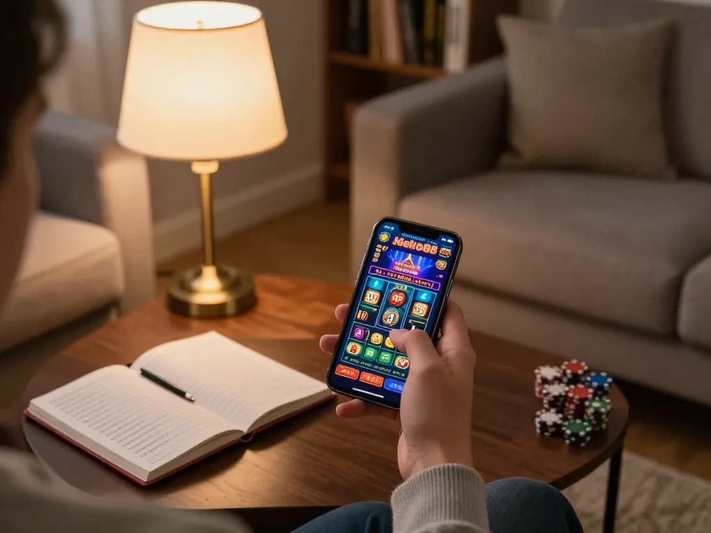 Hello88 mobile gaming on smartphone, showcasing engaging online casino interface in cozy home setup.