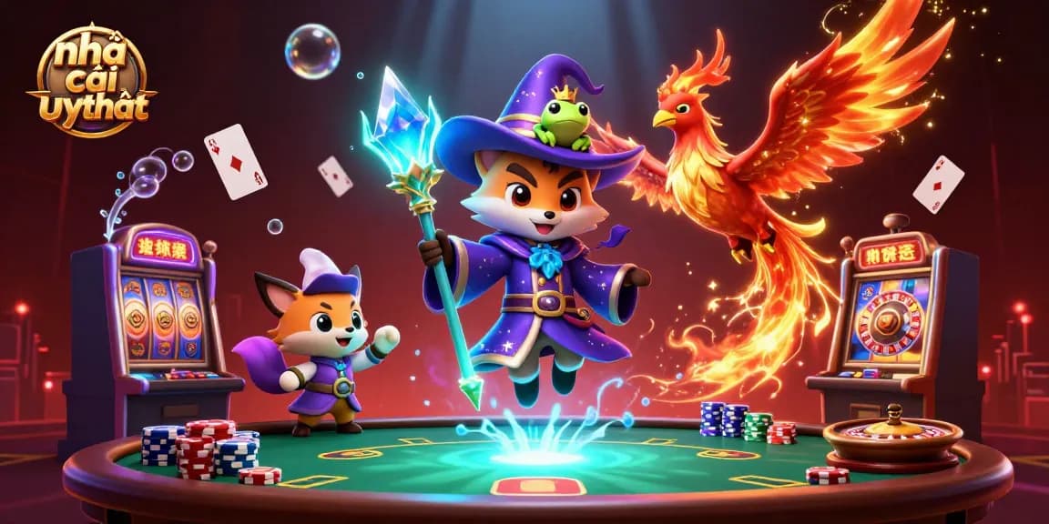 Engage with the vibrant world of nhà cái uy tín through a dynamic 3D casino illustration showcasing magical elements.