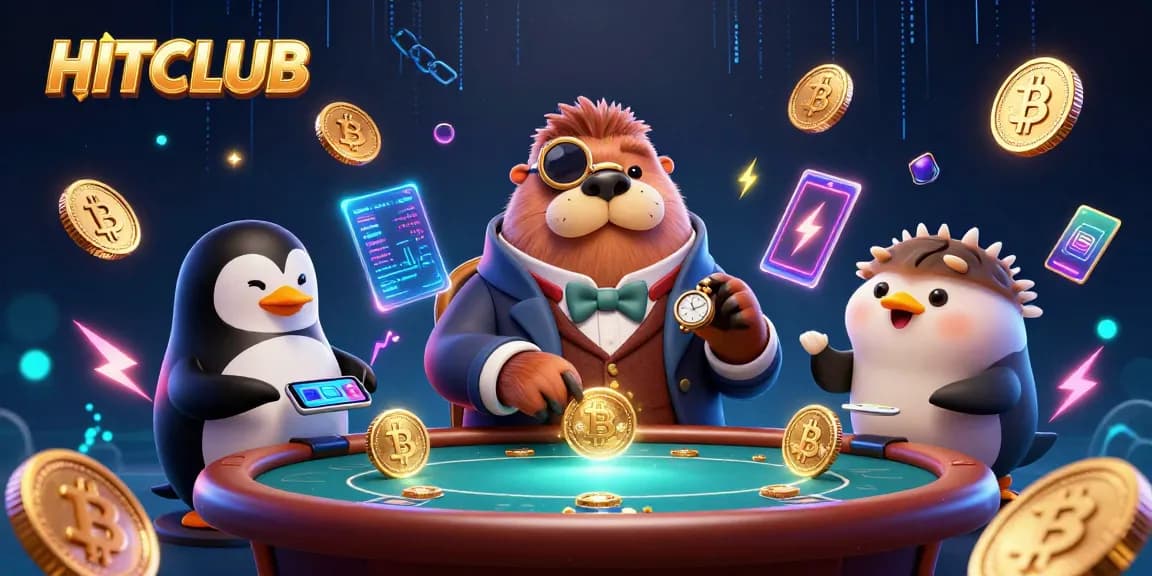 HITCLUB engages players in an underwater poker scene featuring a walrus, a penguin dealer, and a bluffing pufferfish.