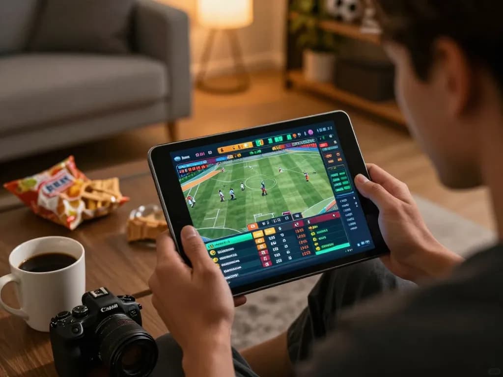 Engaging in open 88 sports betting at home, a person excitedly interacts with a tablet showing live events.