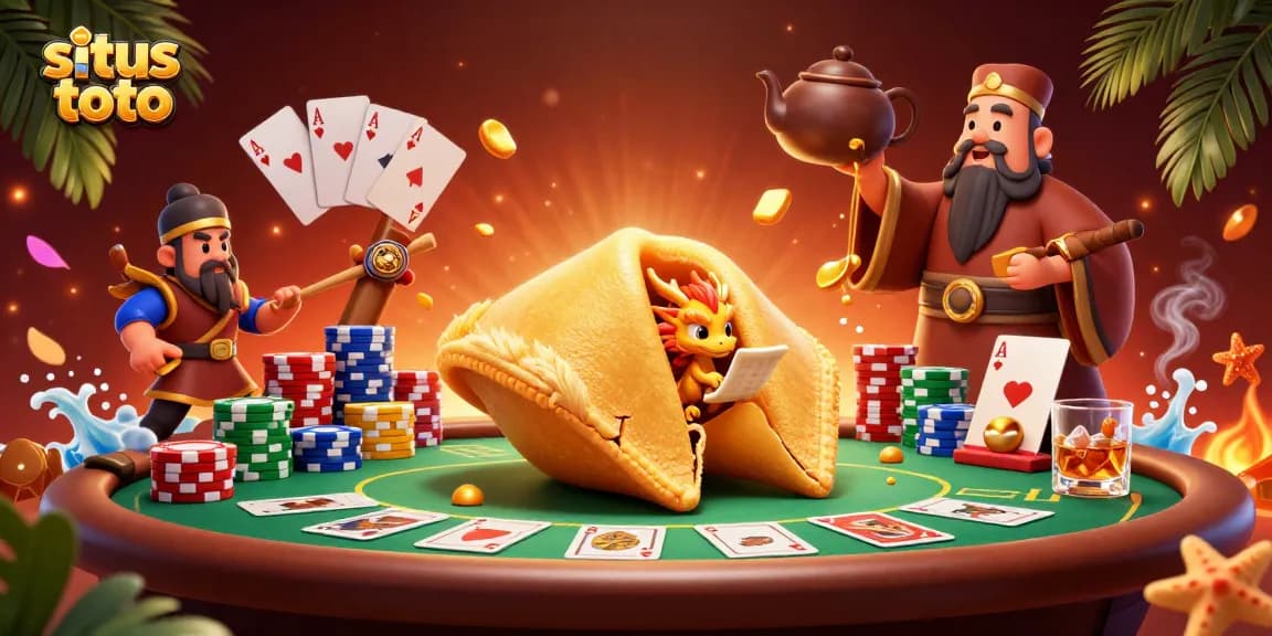 Experience situs toto with a giant golden fortune cookie and dynamic gaming elements in this colorful 3D scene.