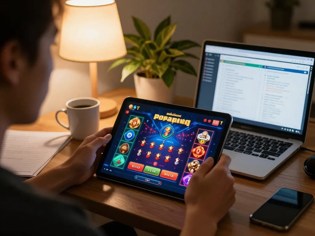 Engaging with the okking app on a tablet in a cozy home gaming environment.