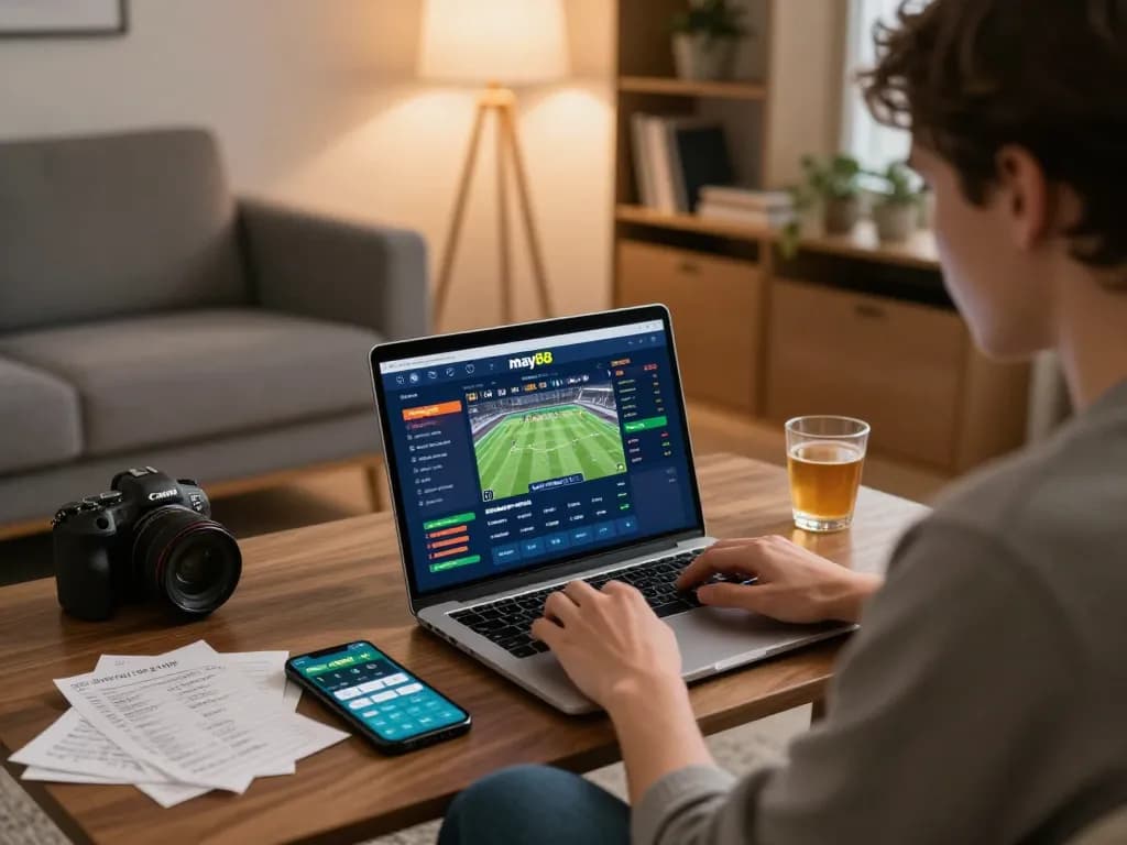 Dynamic sports betting setup at home with may88 app interface displayed, promoting strategic betting.
