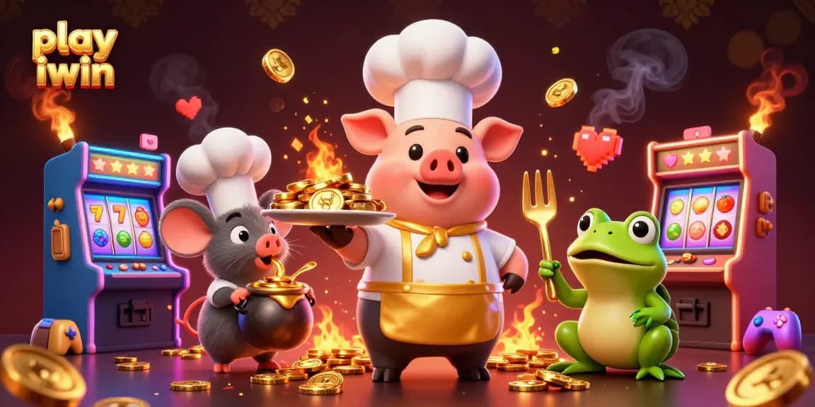 Play iwin games with fun characters like a chef pig serving gold coins amidst vibrant casino elements.