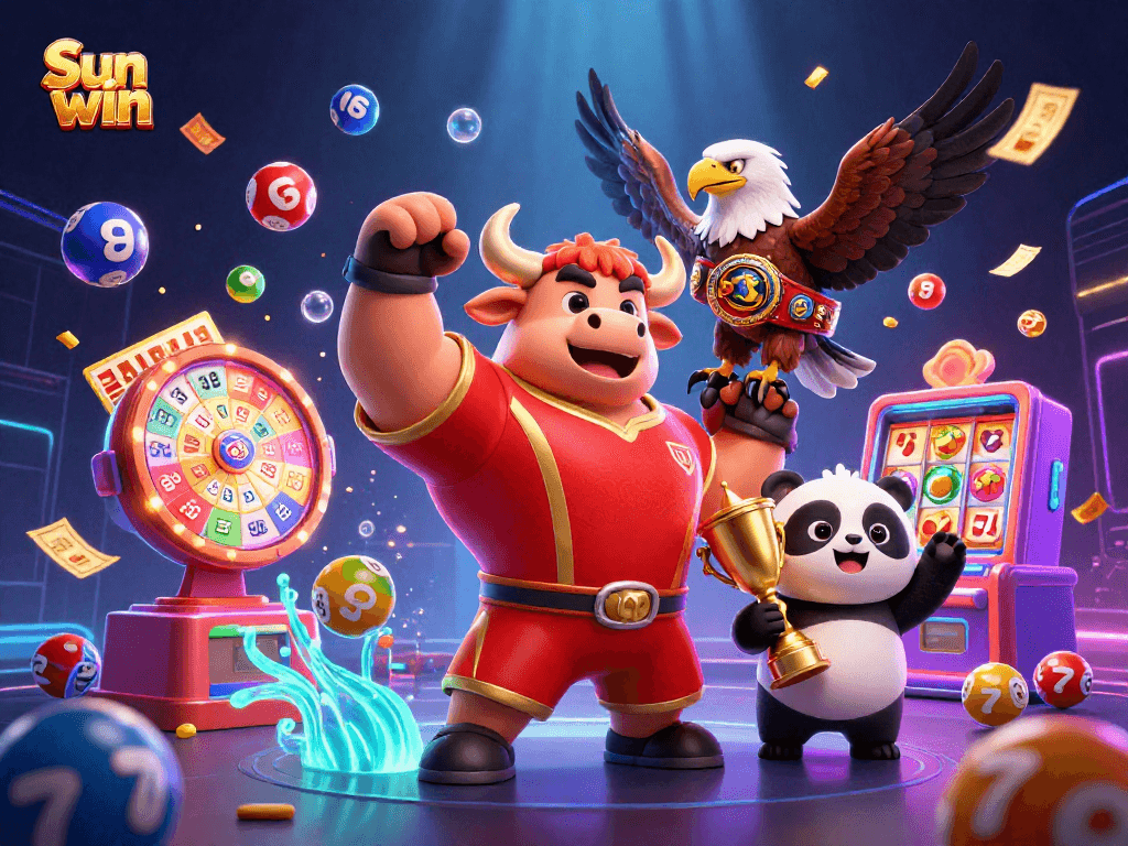 Engage in exhilarating gaming with Sun win's vibrant lottery and casino elements, showcasing dynamic characters.