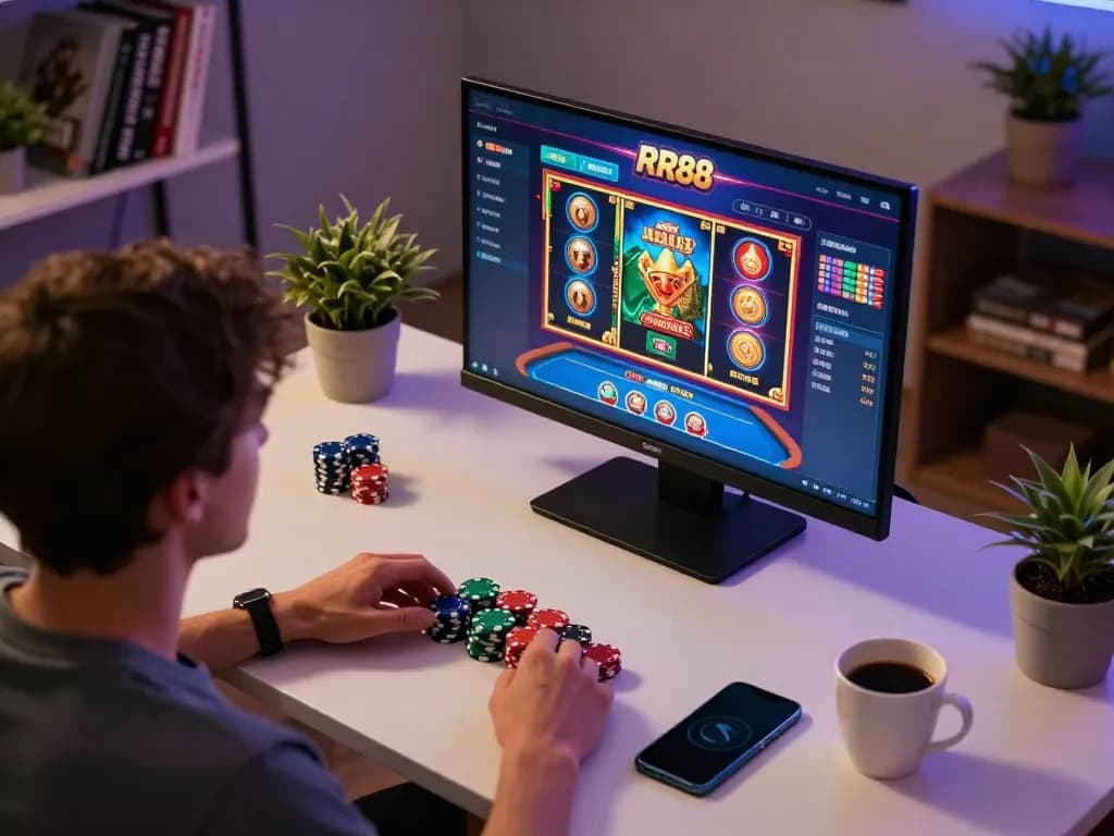 Person engaging with the RR88 casino app on a tablet, surrounded by poker chips and a coffee cup.