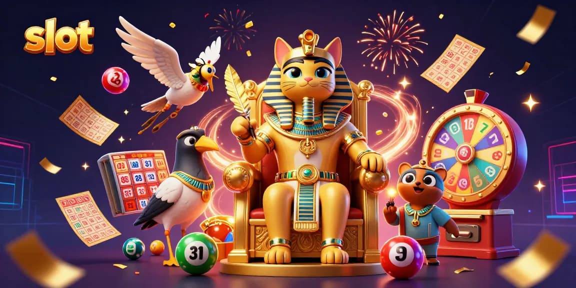 Spin slot reels with a dynamic scene of a pharaoh cat on a throne and vibrant lottery elements.
