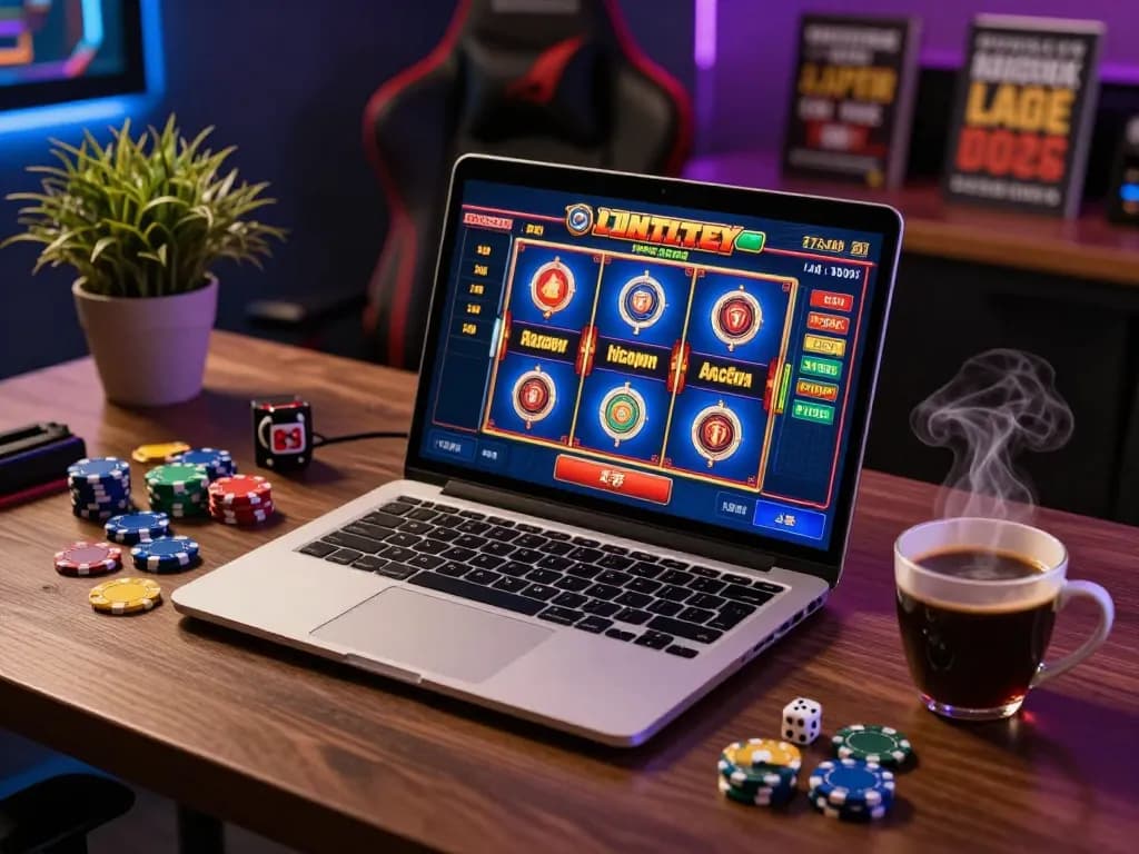 Engaging online gaming moment with designitezy slot machine game on laptop, surrounded by chips and drinks.