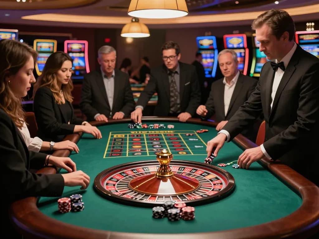 Players engaging at a luxurious roulette table, a top situs togel for real-time gaming.