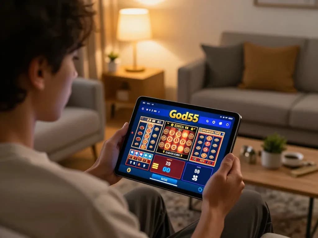 Engaged user exploring God55 online casino app on tablet, showcasing home gaming atmosphere.