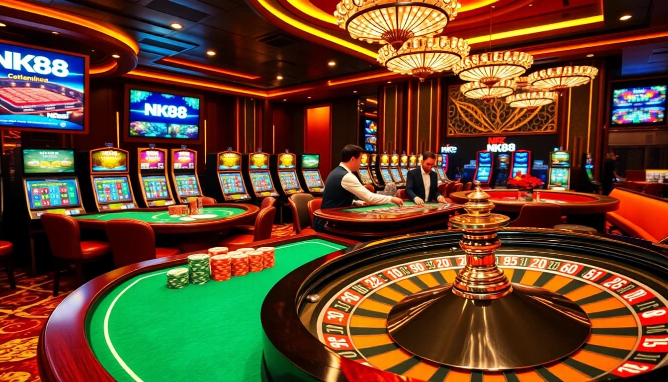 Experience thrilling bets at NK88 in this vibrant, luxurious casino environment.