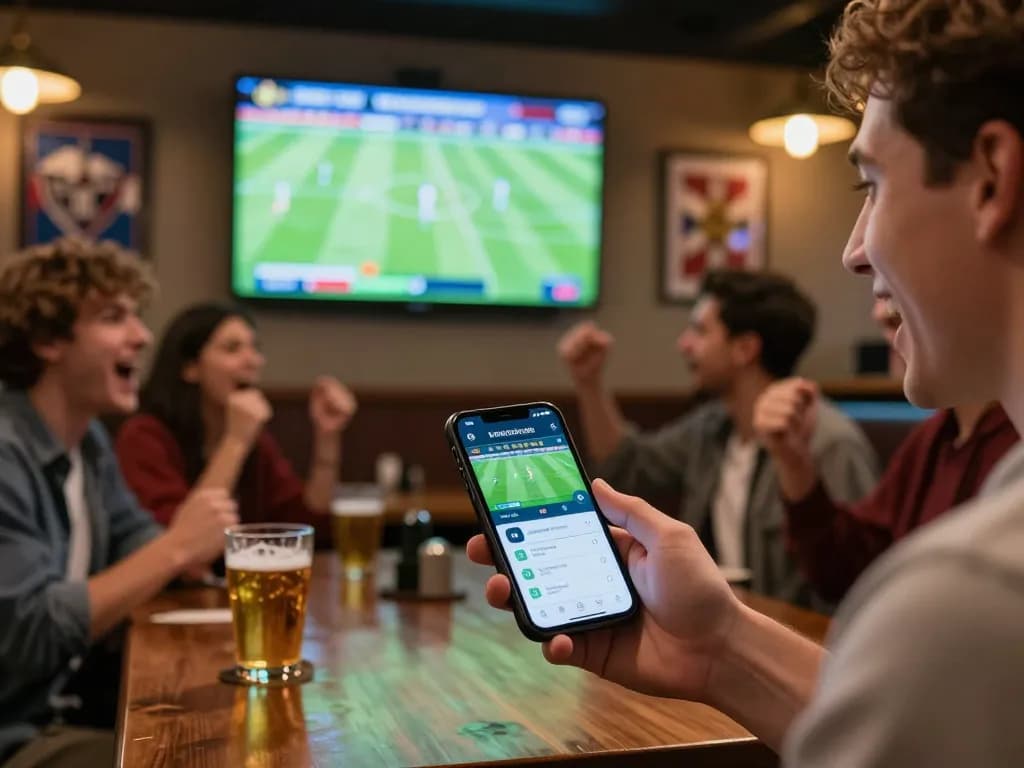 Bsport mobile app in action as a bettor places a live sports bet during an exciting football game.