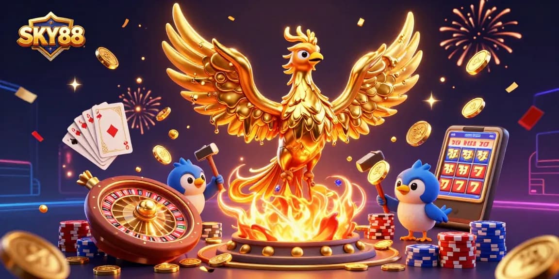 Experience exhilarating wins with SKY88, showcasing a golden phoenix and dynamic casino themes.