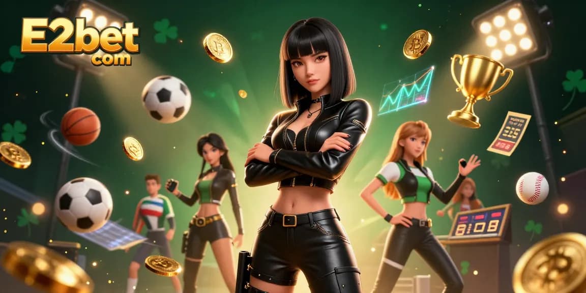 Place bets confidently with E2bet com, featuring an Asian woman amidst vibrant casino elements, ensuring thrilling gameplay.