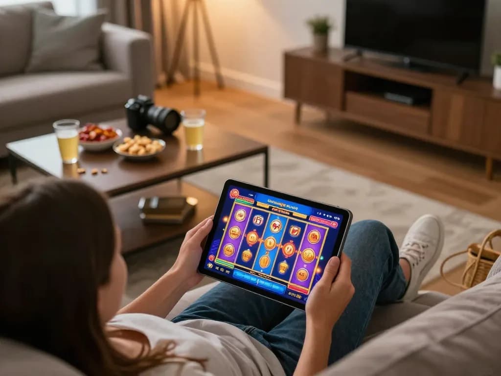 Iwin online gaming experience featuring player engaged in exciting slot gameplay at home