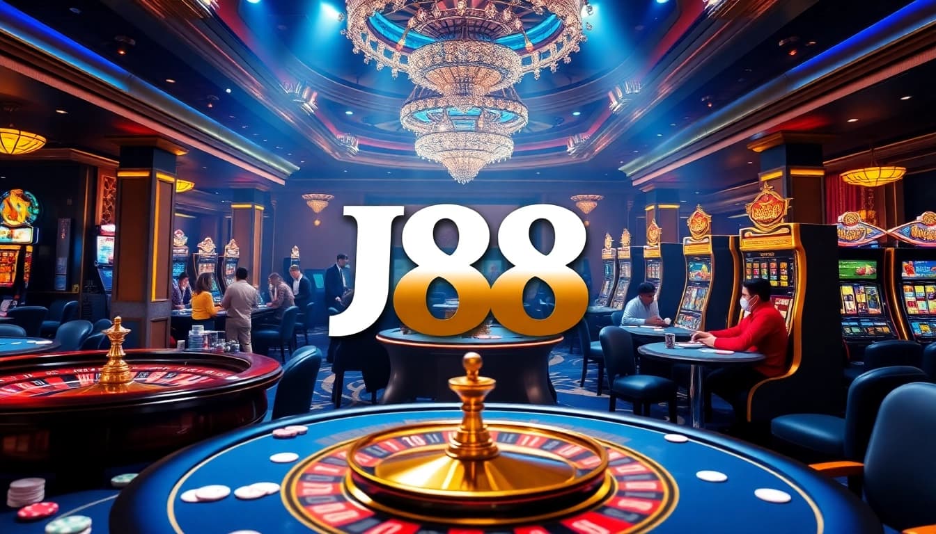 Exciting J88 casino experience with players, tables, and vibrant gambling atmosphere.