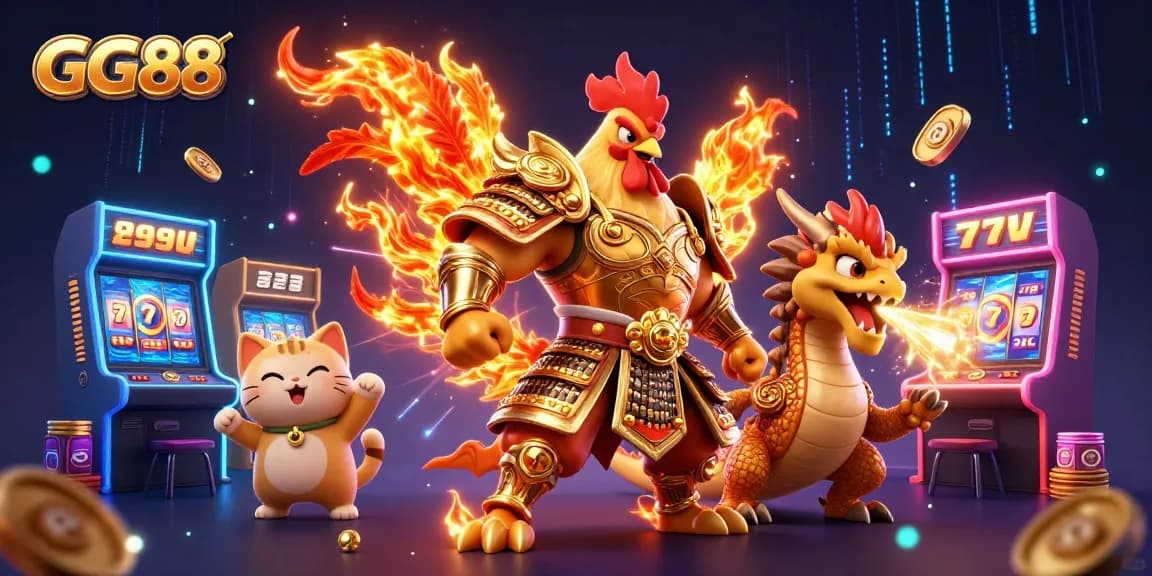 Engage with GG88's vibrant gaming experience featuring a rooster warrior beside a dragon hatchling.