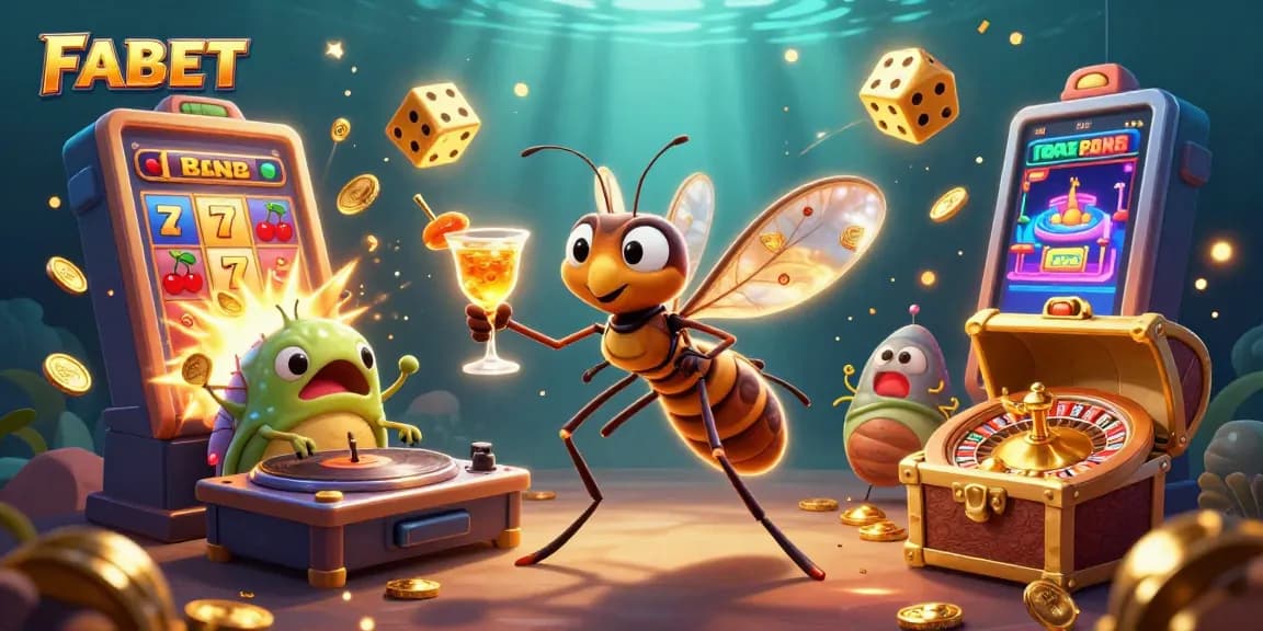 Experience FABET's vibrant casino with a lively frozen mosquito mascot and exquisite gaming elements.