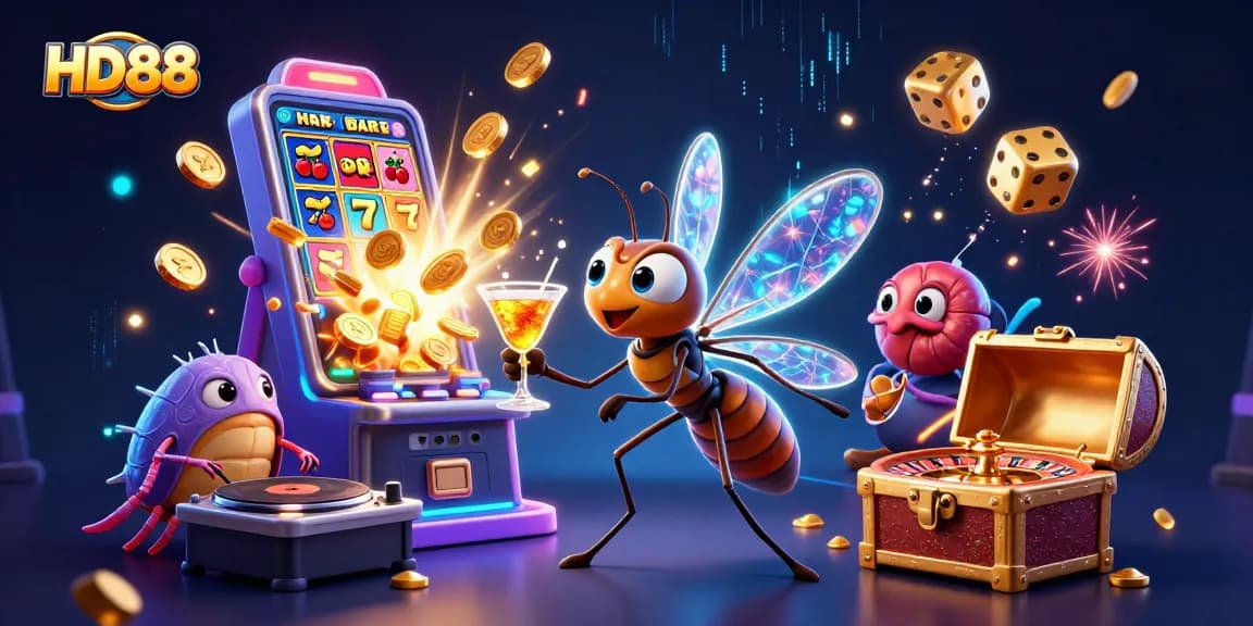 Engage with HD88's vibrant casino atmosphere, featuring a lively mascot and thrilling gambling elements.