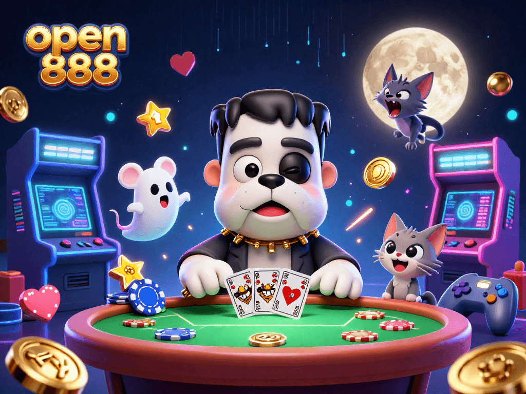 Play poker and win with open888's cartoon characters featuring a spooky scene.
