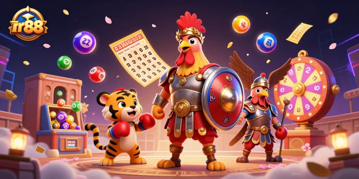 Engage with rr 88 in this vibrant illustration depicting a rooster and tiger in a casino realm full of dynamic game elements.