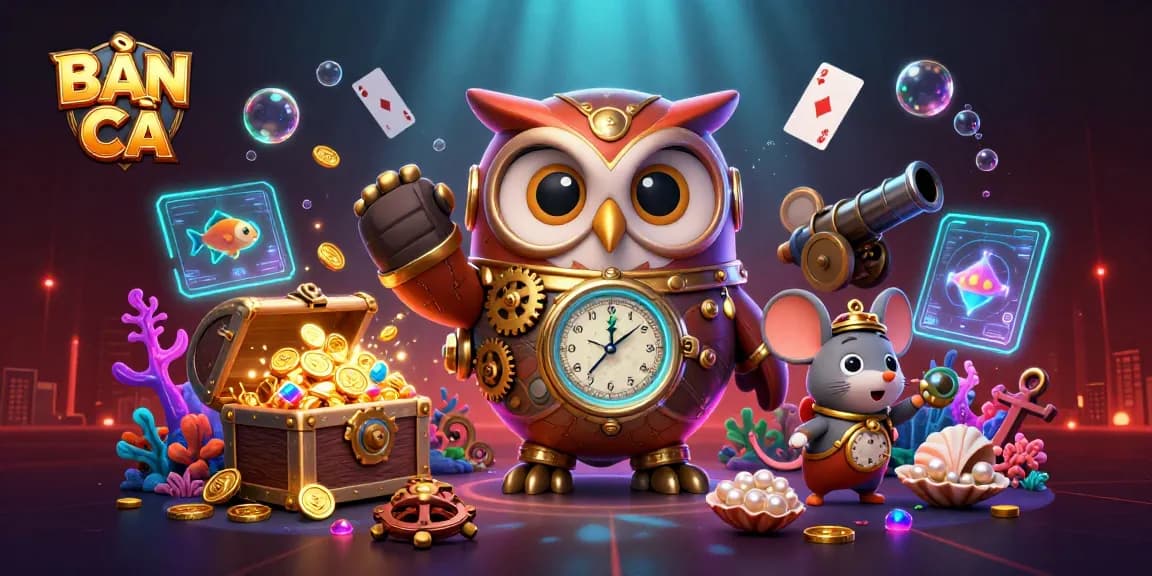 BẮN CÁ underwater scene with a cartoon owl and mouse shooting fish, surrounded by treasure and glowing coral.