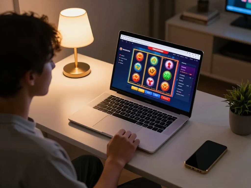 KDTOTO player engaged in gameplay on a sleek laptop, showcasing online casino's vibrant interface.
