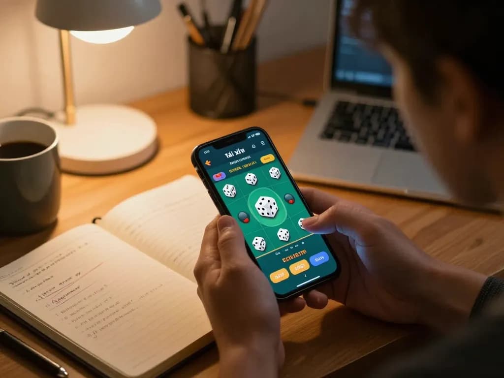 Engaging in app tài xỉu online gameplay on a smartphone in a cozy home office.