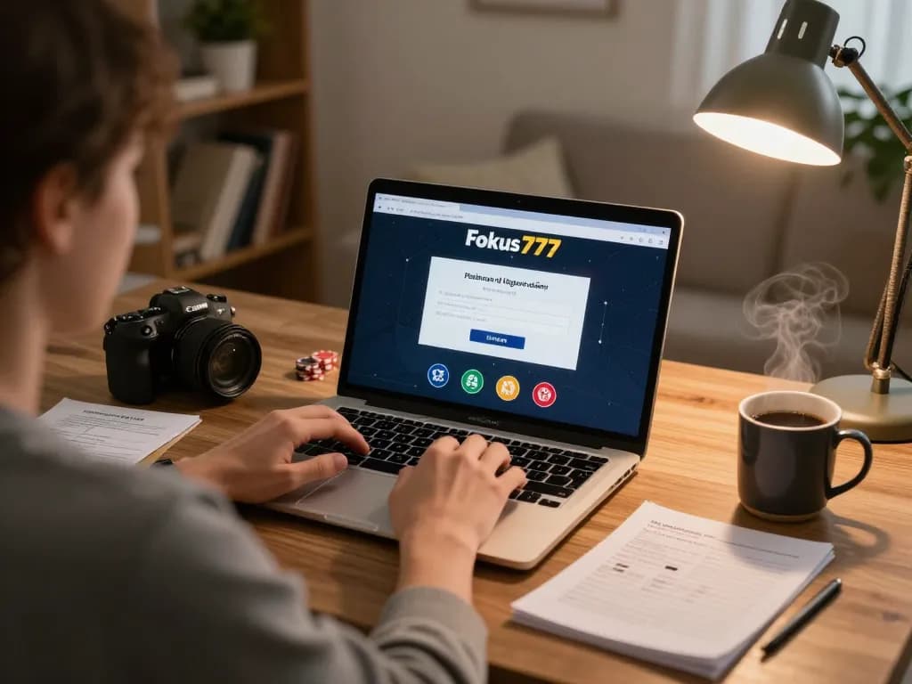 Engaging in online poker with Fokus777 login on screen while analyzing strategy notes in a cozy home.