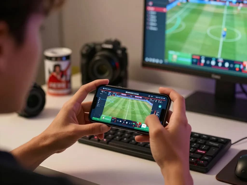 pemain hargatoto memasang taruhan di smartphone selama acara olahraga langsung