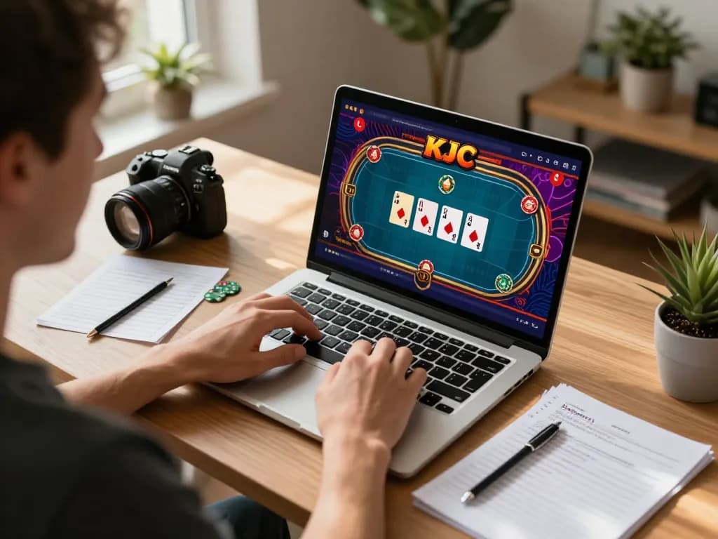 KJC poker game being played on a laptop at home, showcasing a vibrant interface and engaging strategy notes.