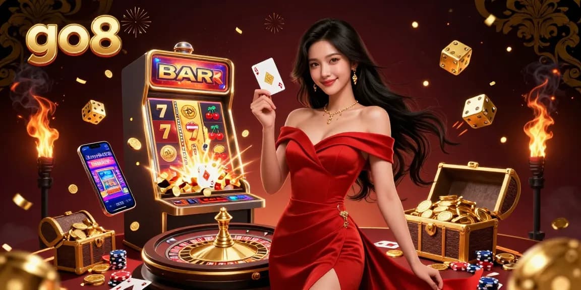 Experience dynamic gaming at go8 with a beautiful Asian woman and a jackpot scene bursting with excitement.