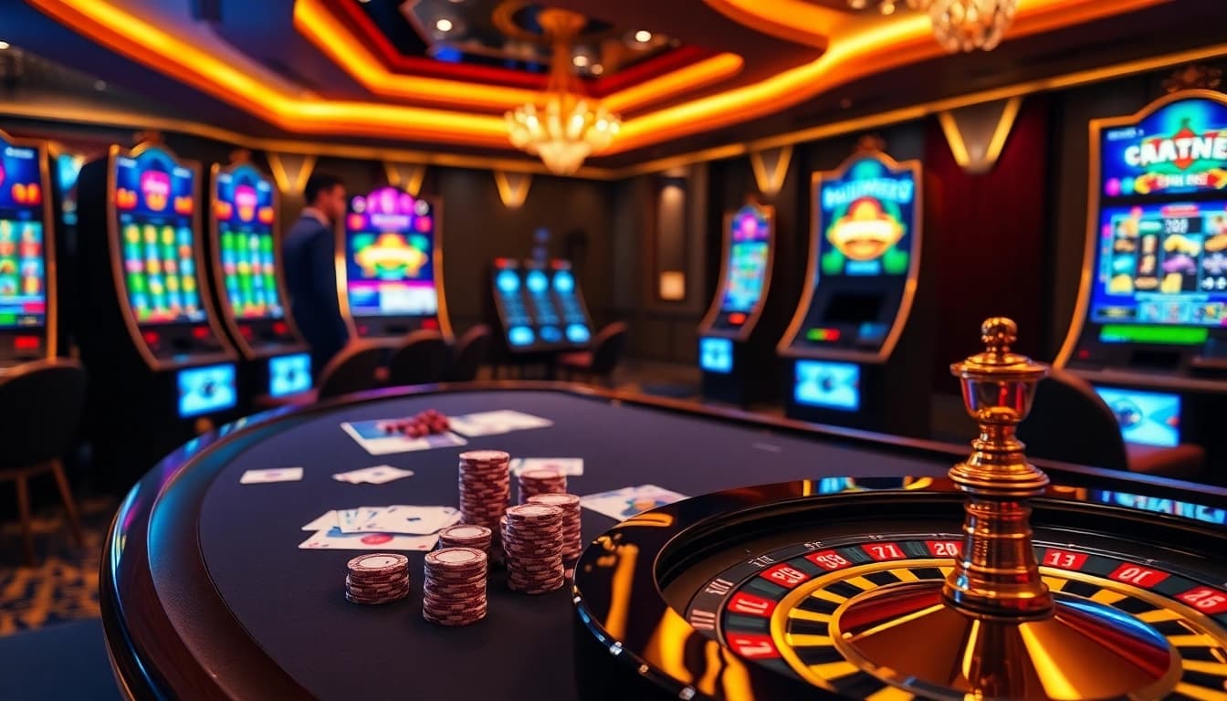 Experience the thrilling gaming atmosphere of nhà cái 888NEW with vibrant casino elements and digital interfaces.