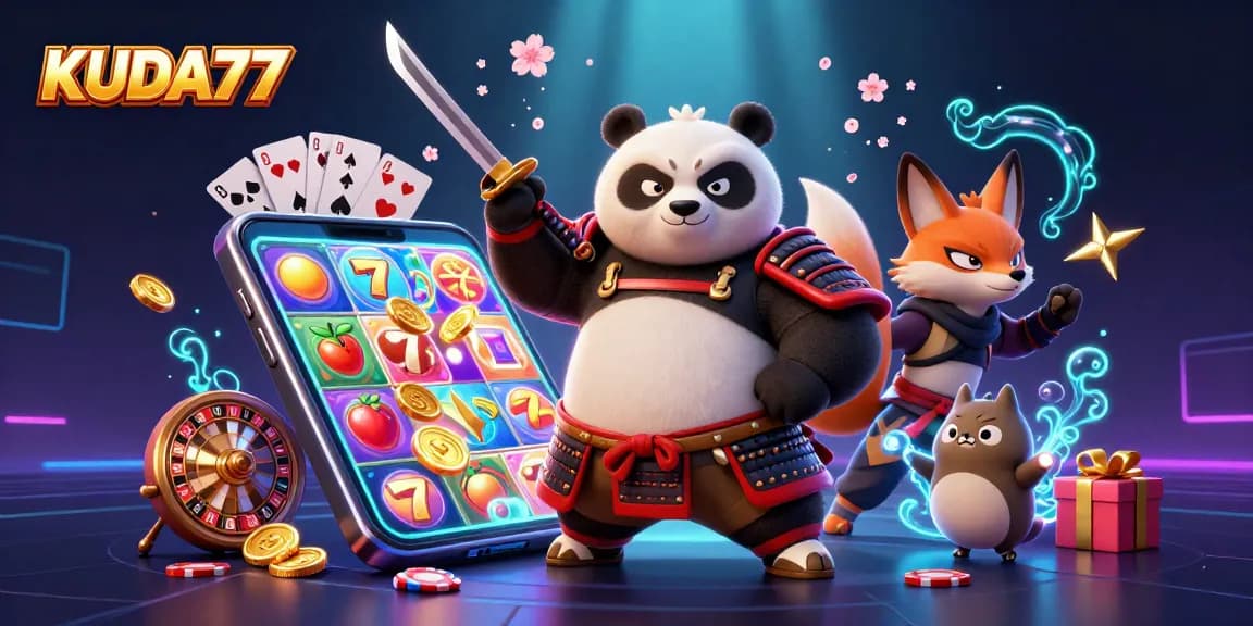 Menangkan permainan slot di KUDA77 dengan karakter menarik dalam ilustrasi kasino 3D.