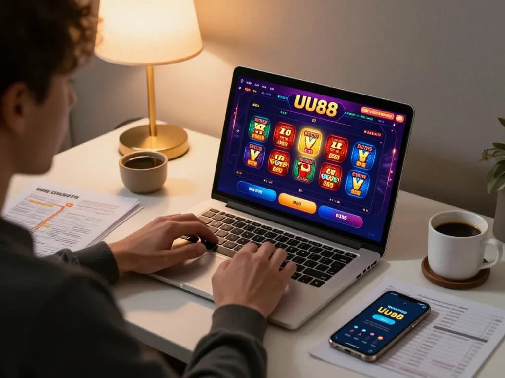 Player enjoying UU88 online casino gaming on laptop at home, surrounded by strategy notes.