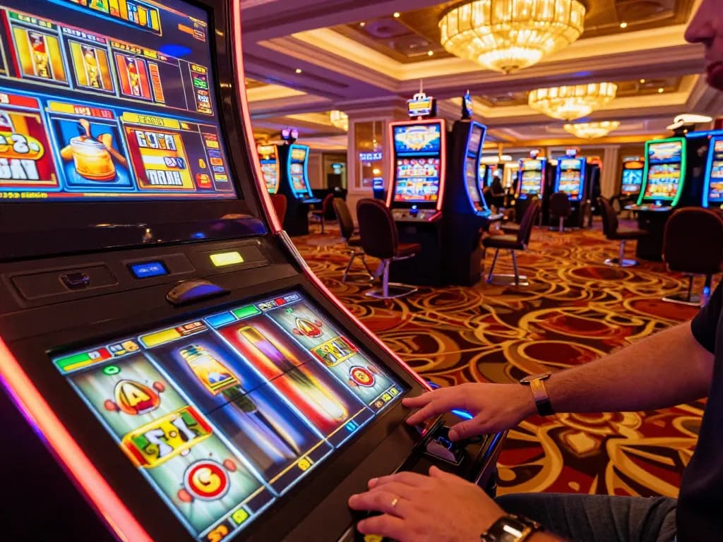 Pemain Aman788 berinteraksi dengan mesin slot berwarna-warni, menangkap keseruan bermain di kasino mewah.