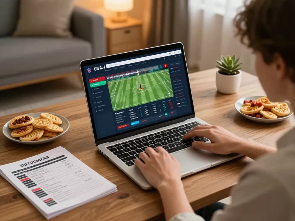 Engaging in sports betting at home using hm88 platform with a sleek laptop.