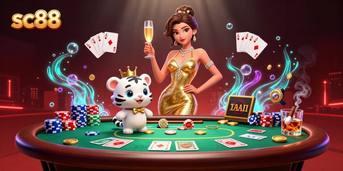 Experience thrilling gaming at sc88 with a glamorous lady and lucky tiger in an exciting casino setting.