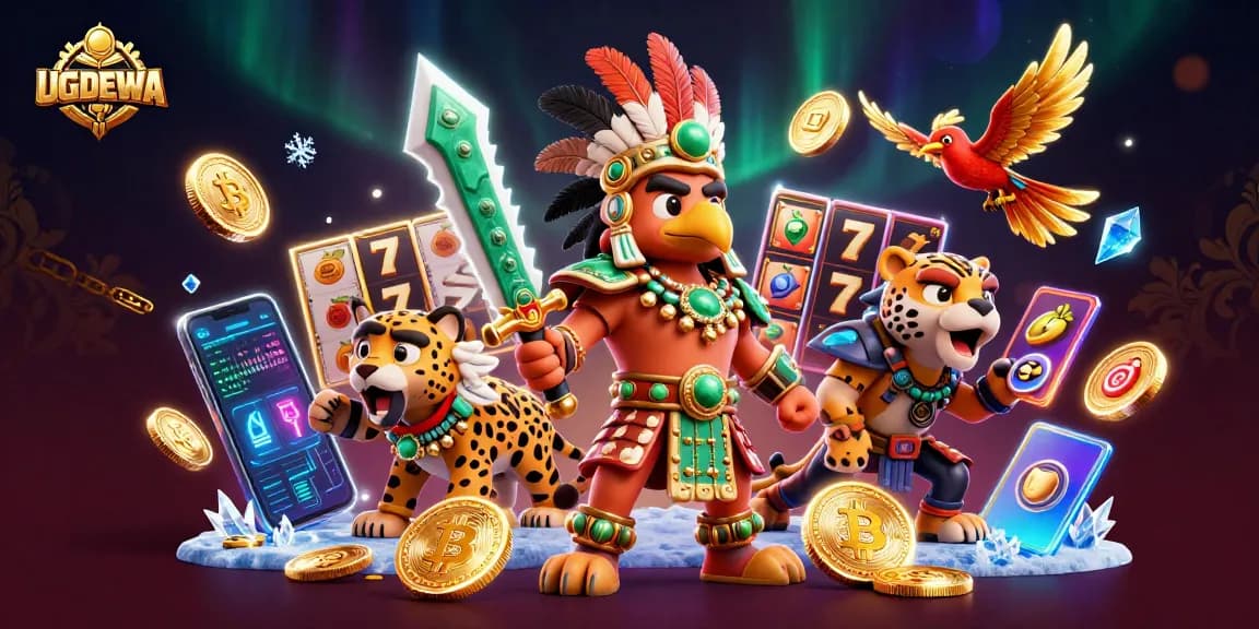 Engage with UGDEWA using thrilling slot machines and crypto elements in a vibrant casino scene.