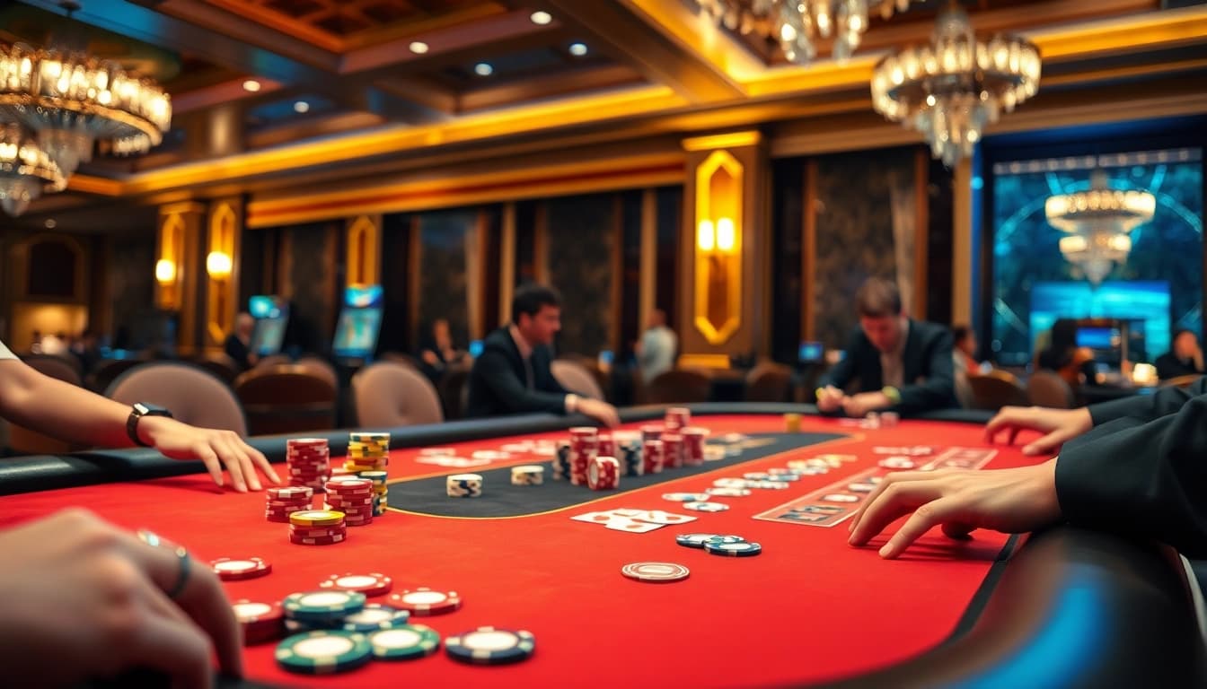 5777 bet app-এর রঙিন চিপ এবং কার্ড সহ ক্যাসিনো পরিবেশের একটি ছবি।
