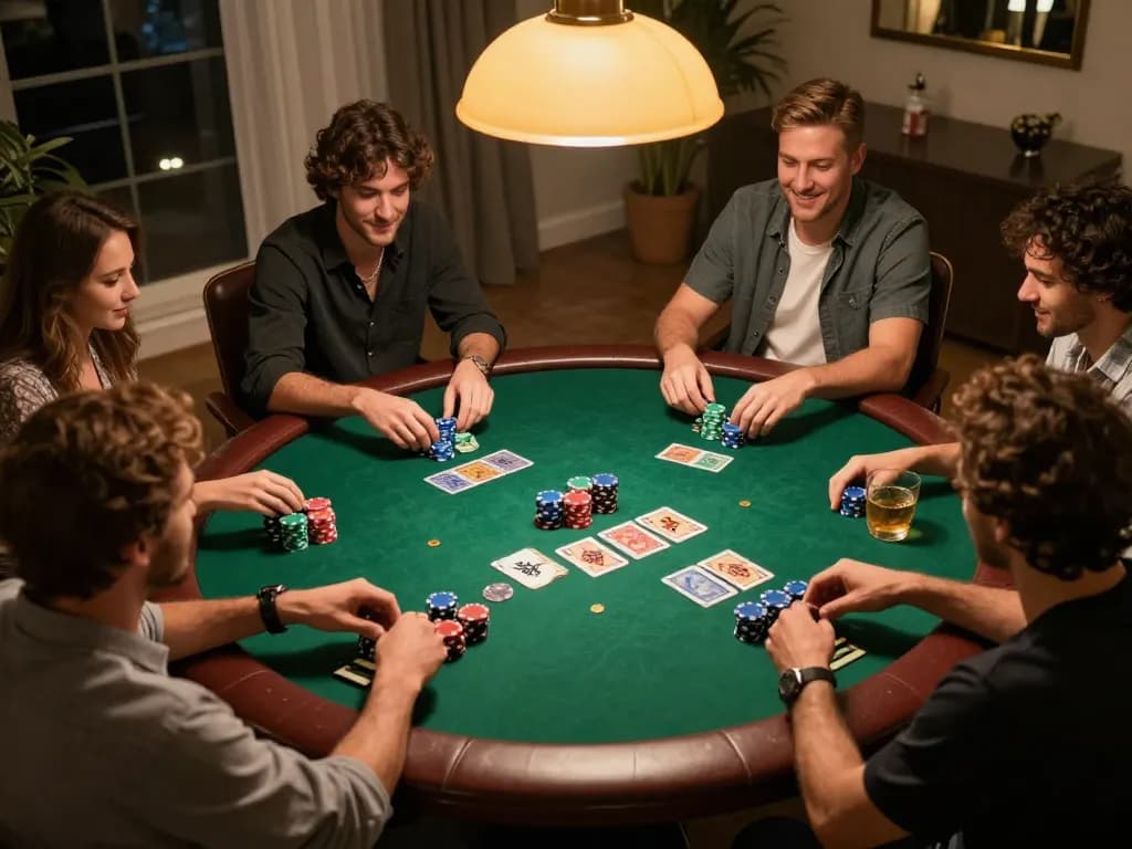 Friends enjoying a strategic poker game during a lively home night playing 789win.