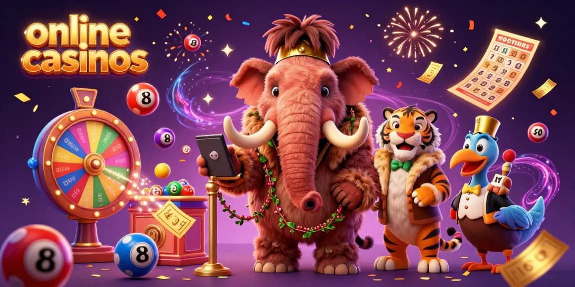 Engaging illustration depicting online casinos with a woolly mammoth bouncer, saber-tooth VIP, and vibrant lottery elements.