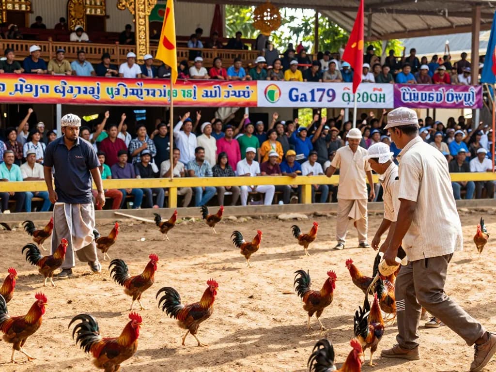 Exciting cockfighting event atmosphere at Ga179 showcasing roosters and crowd.