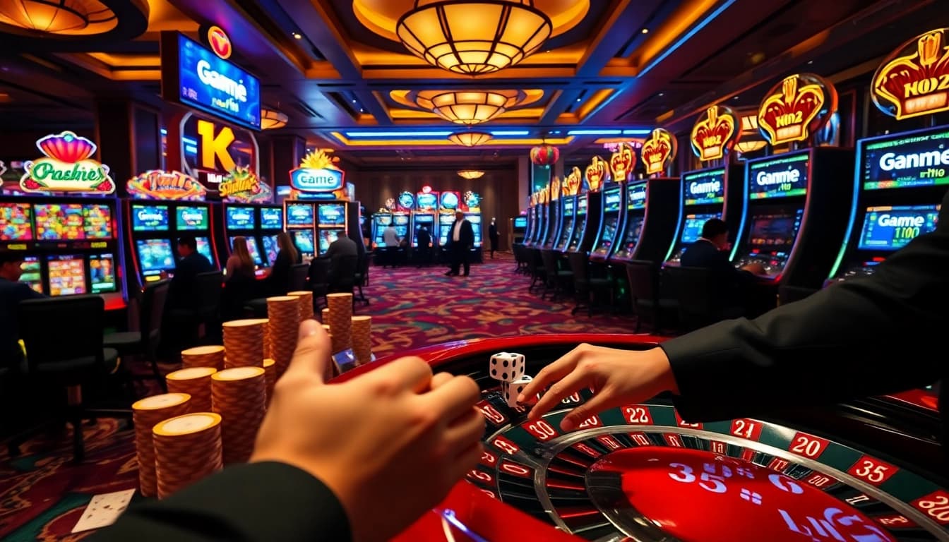 Engaging players strategically spinning game nổ hũ slots with glowing jackpot displays and vibrant casino chips
