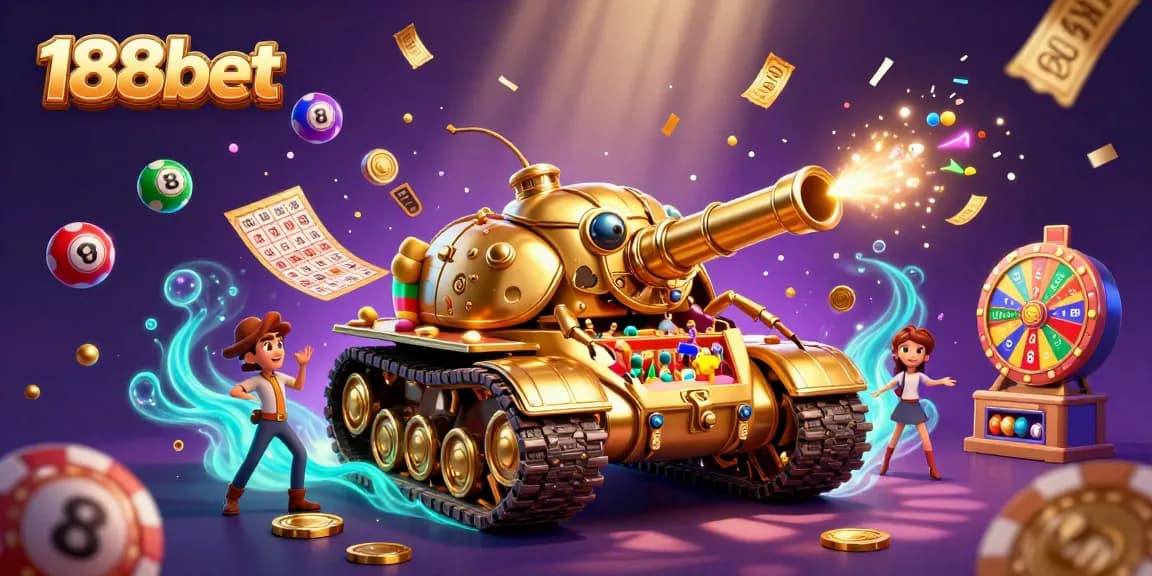 Experience thrilling games at 188bet with confetti and vibrant lottery elements in a lively casino scene.