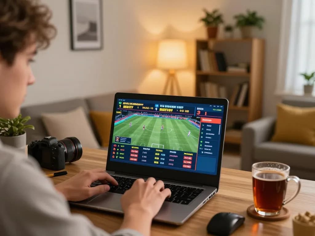 Player engaging in sports betting on RR88 with laptop, showcasing dynamic betting interface and cozy home environment.