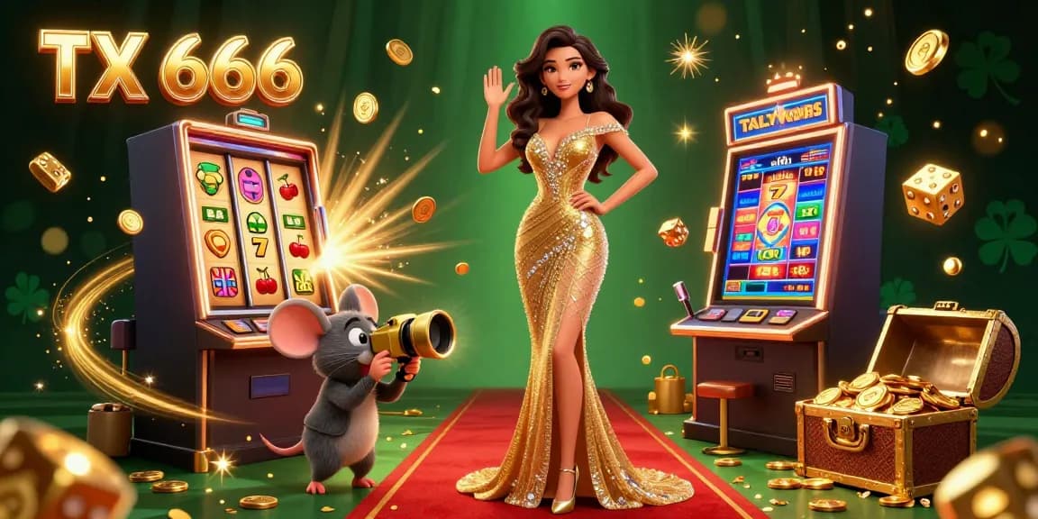 Engage with TX 666's thrilling casino experience featuring vibrant slot machines and festive gold elements!