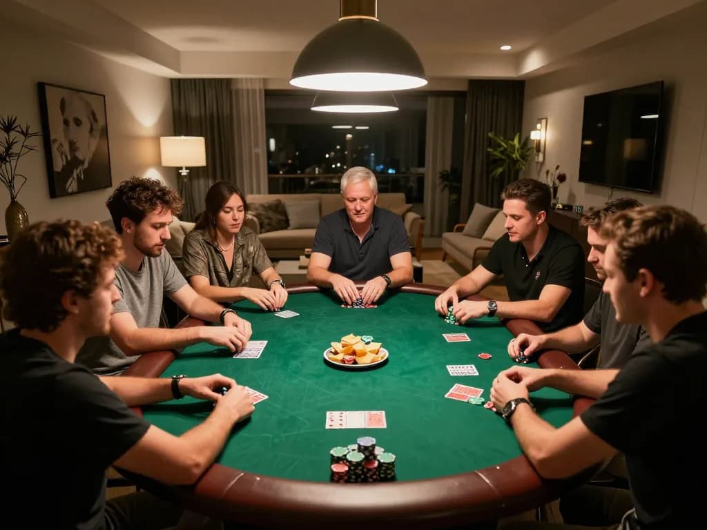 FB88 players engaged in an exciting poker game at a cozy home gathering with friends